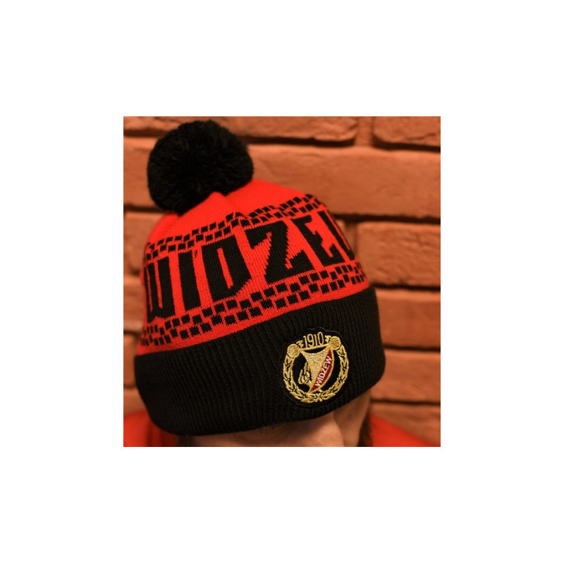 Czapka z pomponem WIDZEW (czarny napis)